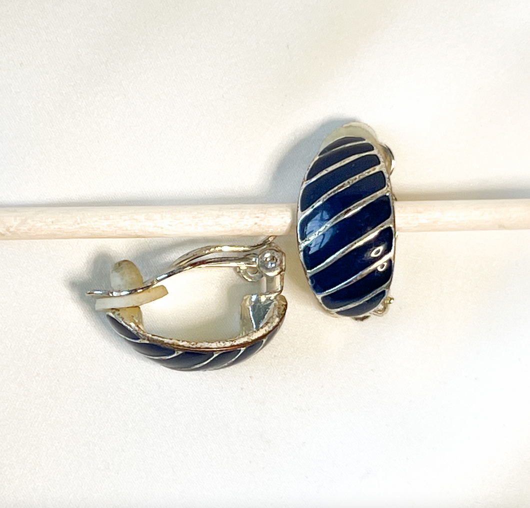 Clip on Navy & Silver earrings, angled stripes RENTAL