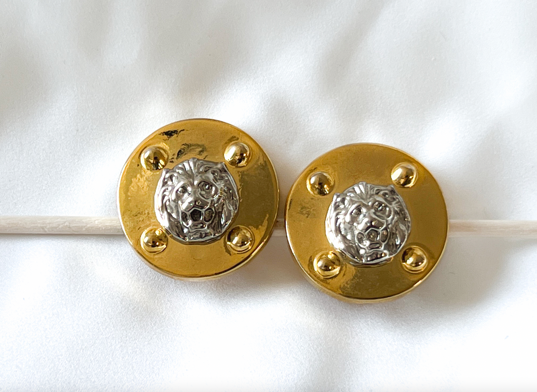 Clip on Gold & silver Lions button earrings RENTAL