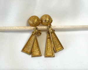 Clip on Button top gold earrings w/long triangular drop RENTAL