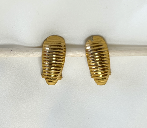 Narrow, period gold clip on earrings with horizontal lines RENTAL