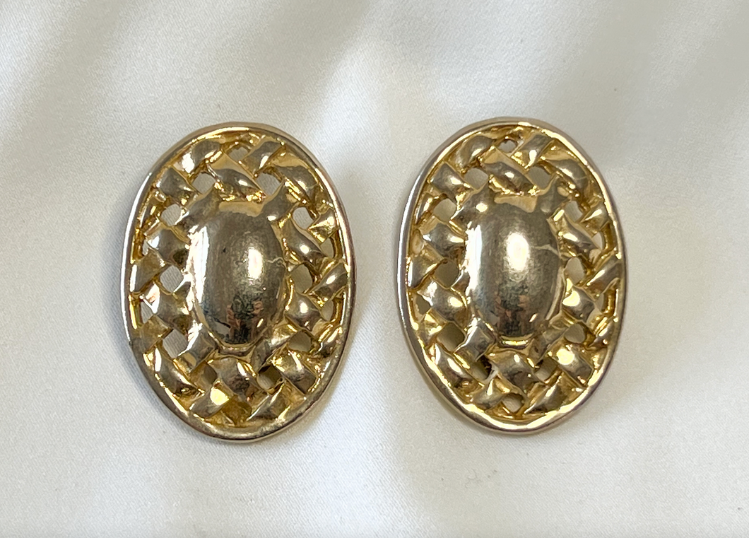 Clip on gold basket weave oval earrings RENTAL