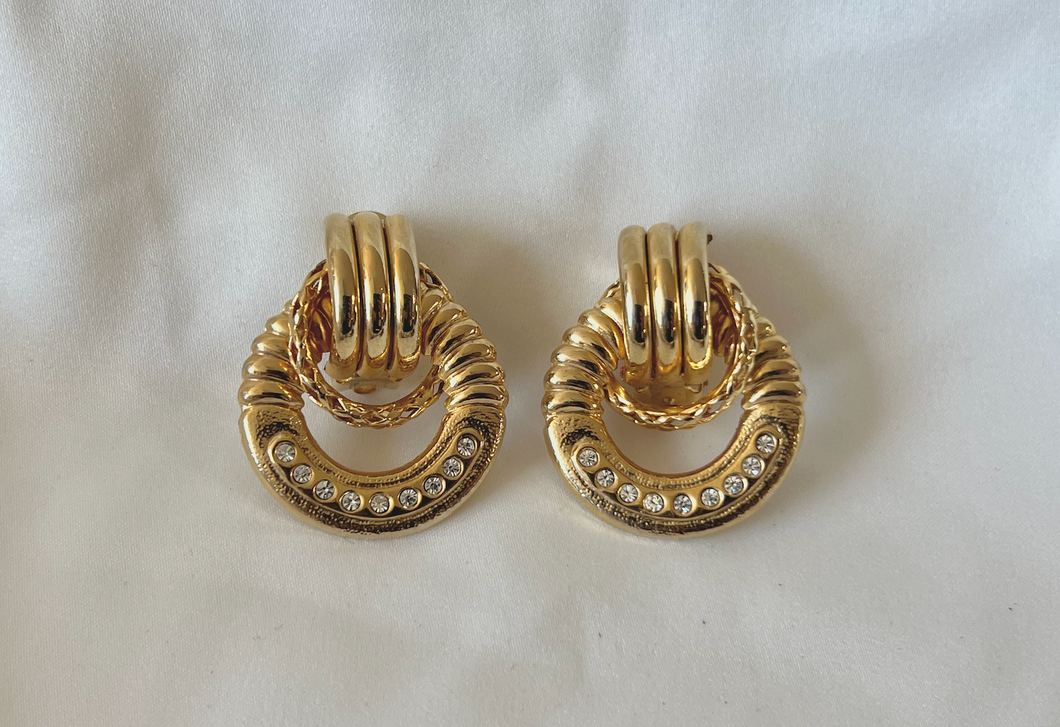 1980's gold knot, hoop, rhinestone clip on earrings RENTAL