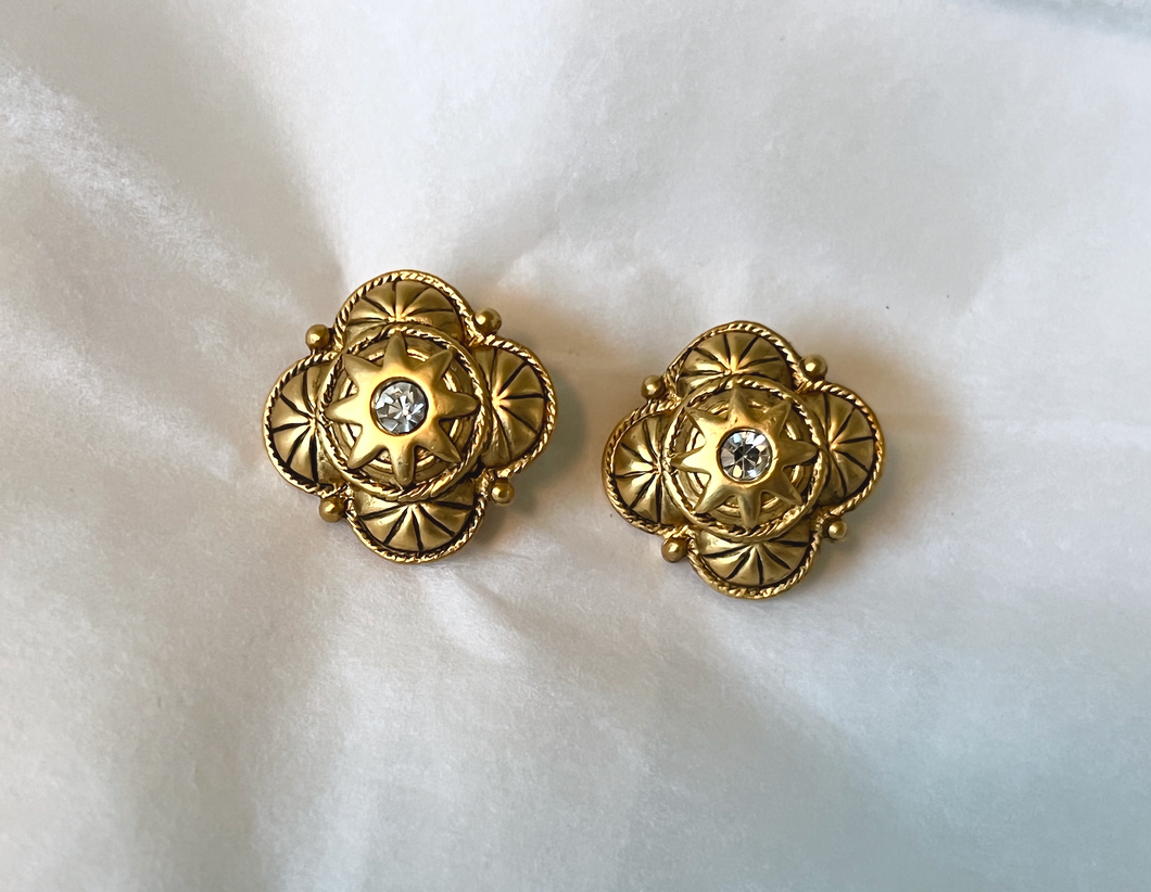 Period soft gold clip on earrings with rhinestone RENTAL