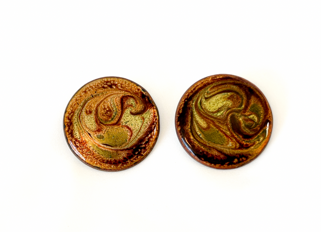 Button clip on earrings w/ copper & green RENTAL