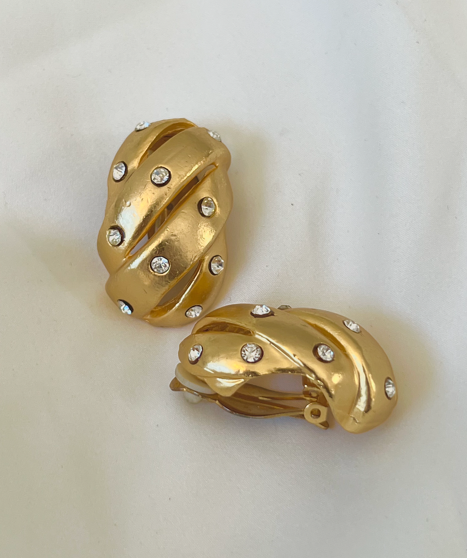 Bright gold clip on earrings with scattered rhinestones RENTAL