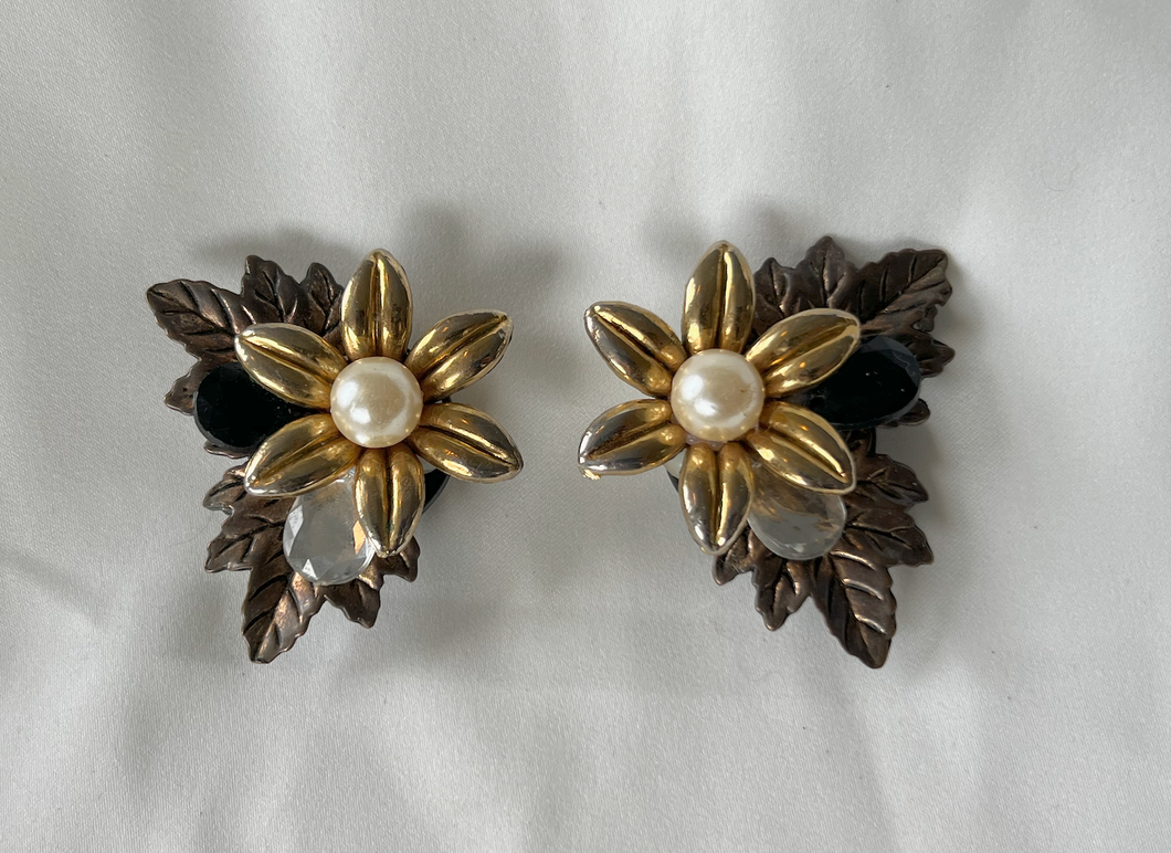 Clip on Vintage gold flower, pearl, copper leaf earrings RENTAL