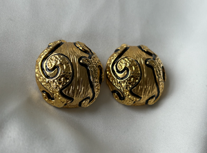 Clip on detailed gold convex button earrings with black RENTAL