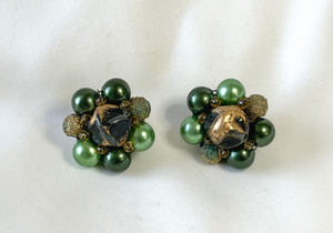 Vintage bead cluster green gold button clip on earrings RENTAL