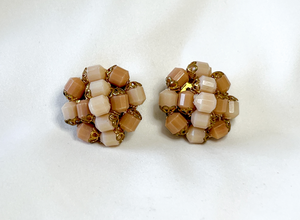 Vintage nude beige bead cluster button clip on earrings RENTAL