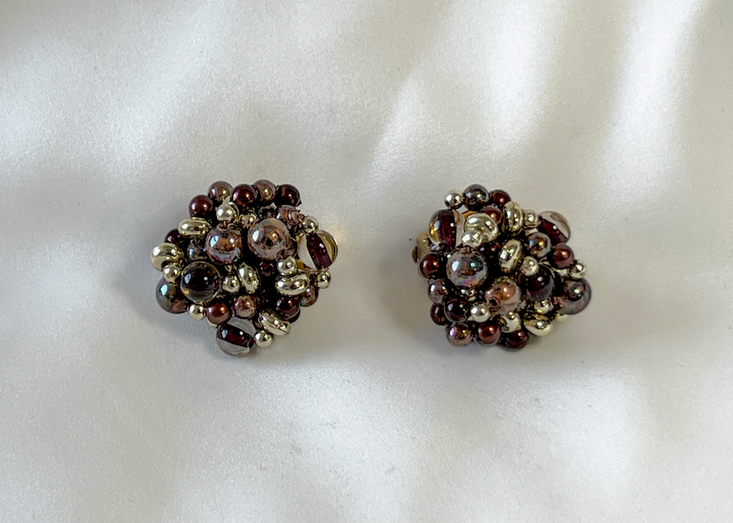 Vintage gold deep purple bead cluster button clip on earrings RENTAL