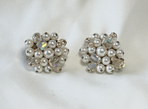 Vintage pearl, crystal bead cluster button clip on earrings RENTAL