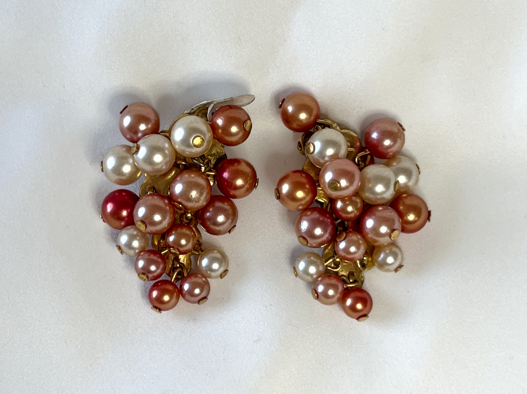 Vintage signed Leku, pearl drop cluster warm clip on earrings RENTAL