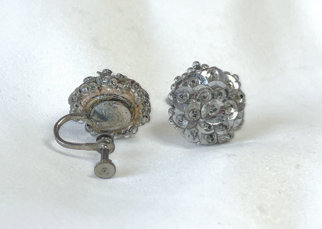 Vintage silver sequin & glass cluster button clip on earrings screw back RENTAL