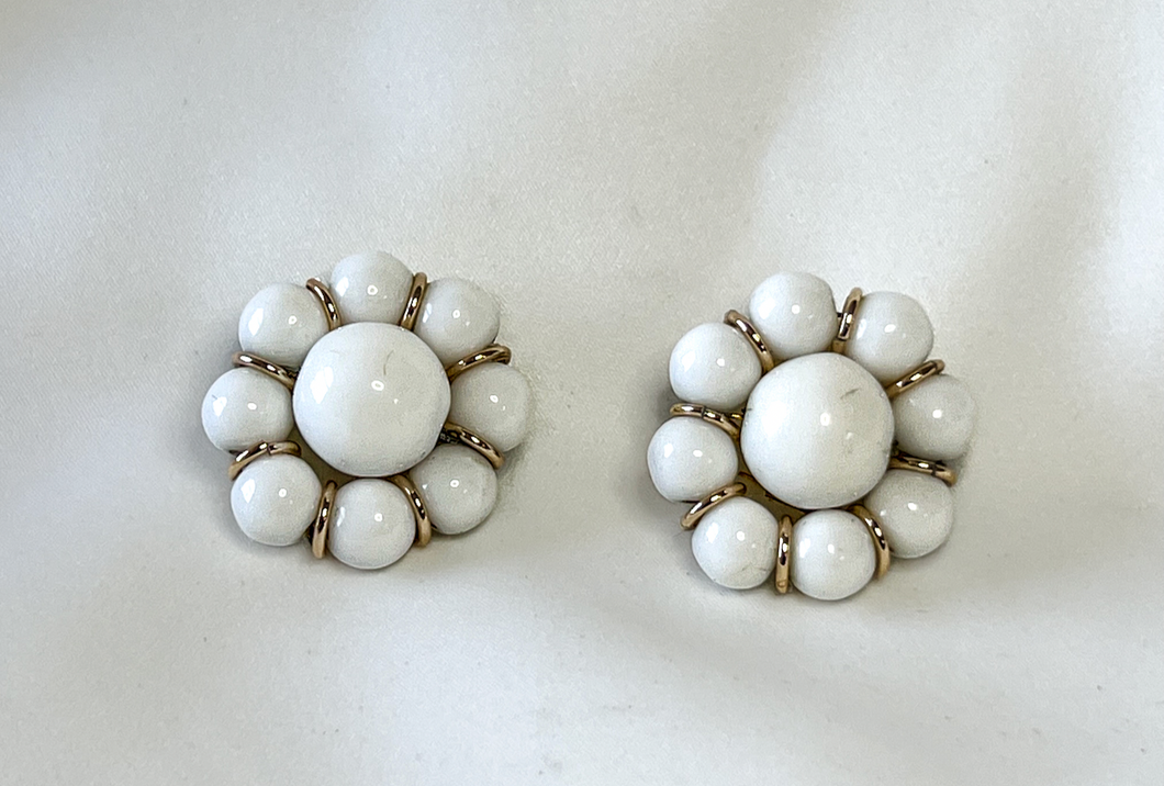 Vintage white glass cluster button clip on earrings RENTAL