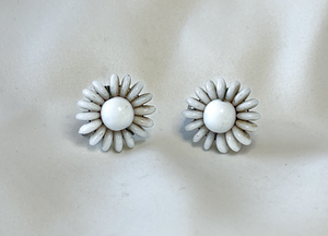 Vintage white glass cluster button clip on earrings, screw back RENTAL