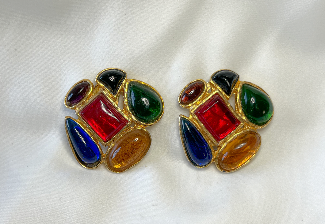 Chunky, bold, deep colour large earrings set in bright gold clip ons RENTAL