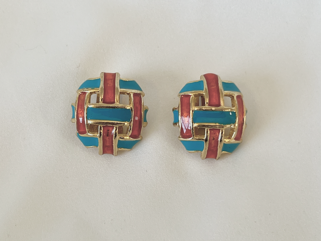 Orange and teal basketweave gold button clip on earrings RENTAL