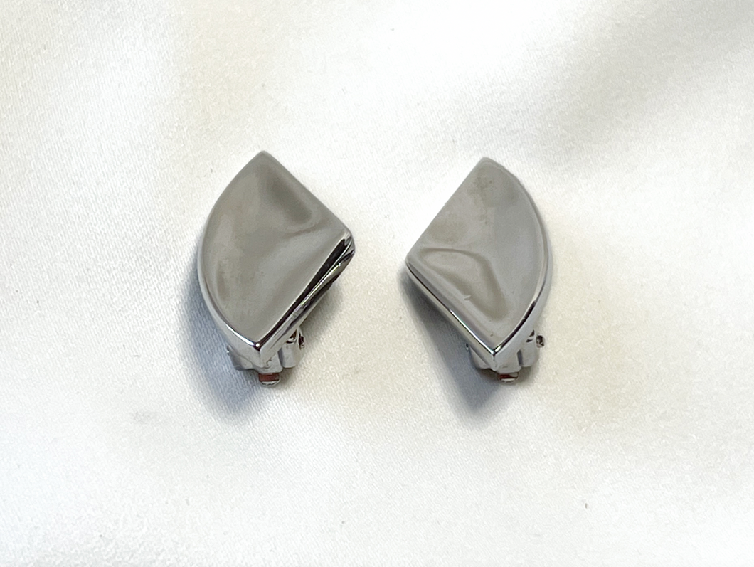 Smaller shiny silver sideways fan shaped silver clip on earrings RENTAL