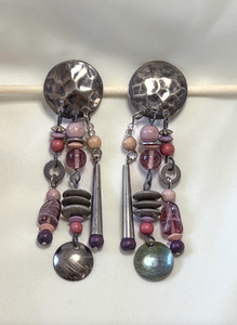 Long Boho futuristic cool tone, hammered metal clip on earrings RENTAL