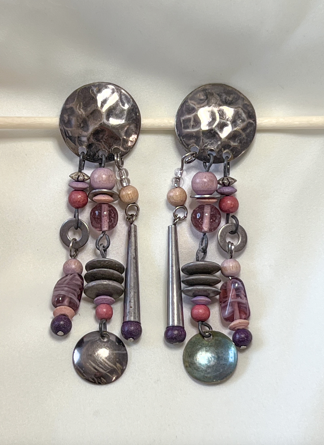 Long Boho futuristic cool tone, hammered metal clip on earrings RENTAL