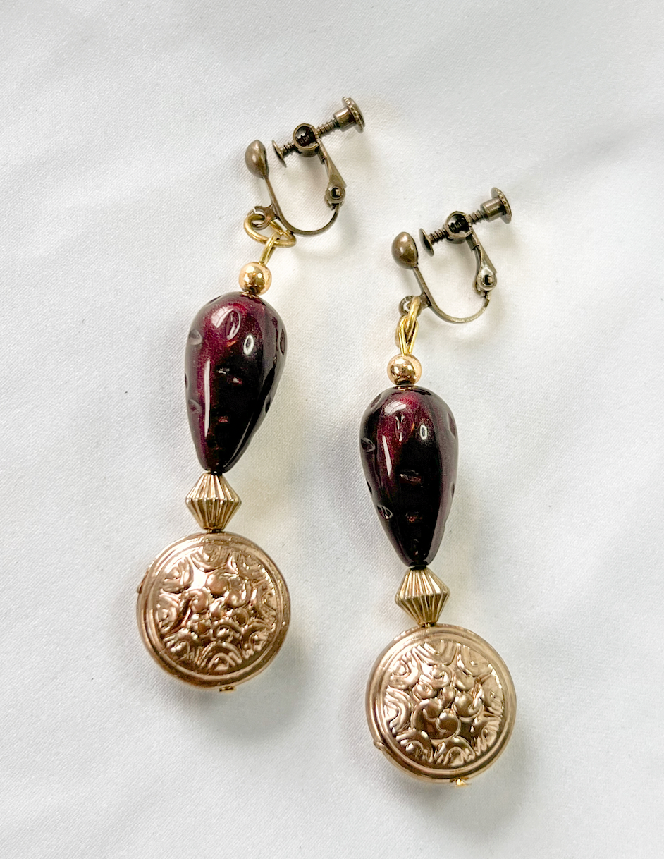 Blackened metal & shiny gold deep crimson screw back drop earrings RENTAL