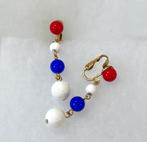 Red, blue, white drop clip on earrings gold RENTAL