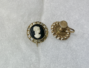 Black with white Cameo  rhinestones Screw back earrings RENTAL