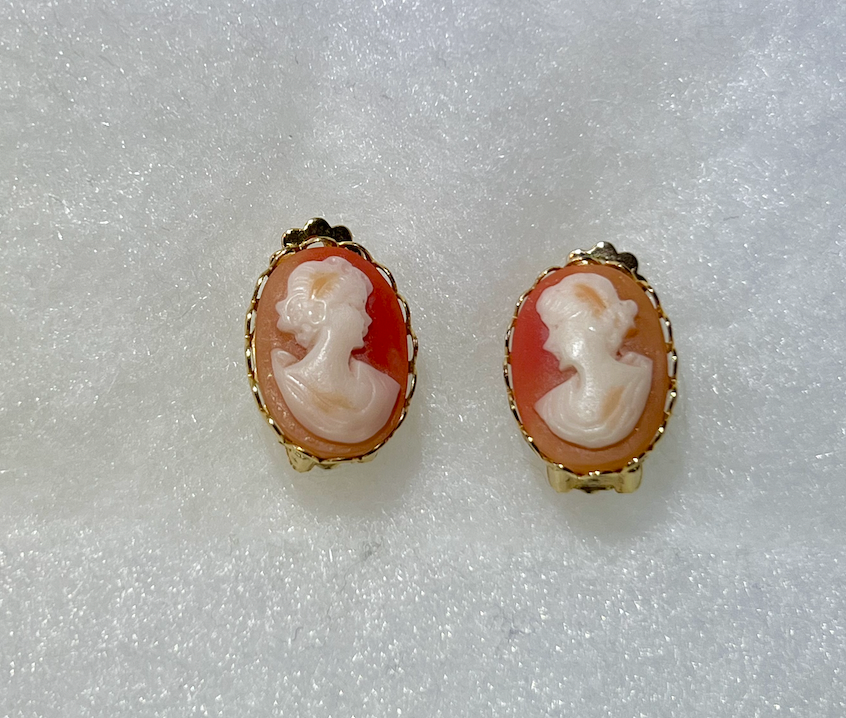 Apricot with cream cameo on gold clip on earrings RENTAL