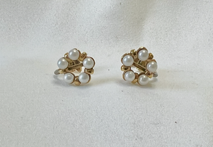 Tiny full pearls in a wreath, Small clip on, gold earrings RENTAL