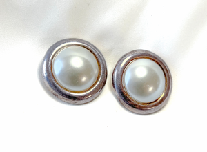 Full circle button clip-on earrings pearl center gold frame RENTAL