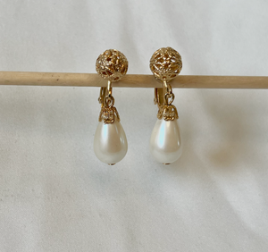 Filagre gold globe and pearl drop clip on earrings RENTAL