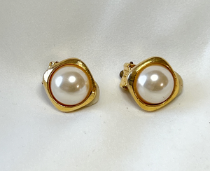 Half pearl on square gold setting, clip on earrings  RENTAL