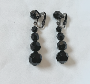 Quality Jet black facetted glass clip on drop earrings RENTAL