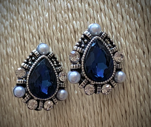 Clip-On White Pearl & Blue Teardrop Rhinestone Earrings RENTAL