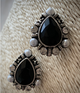 Clip-On White Pearl & Black Teardrop Rhinestone Earrings RENTAL