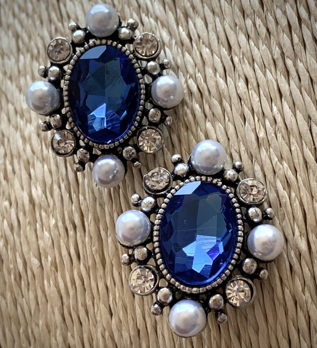 Clip-On White Pearl & Blue Rhinestone Earrings RENTAL