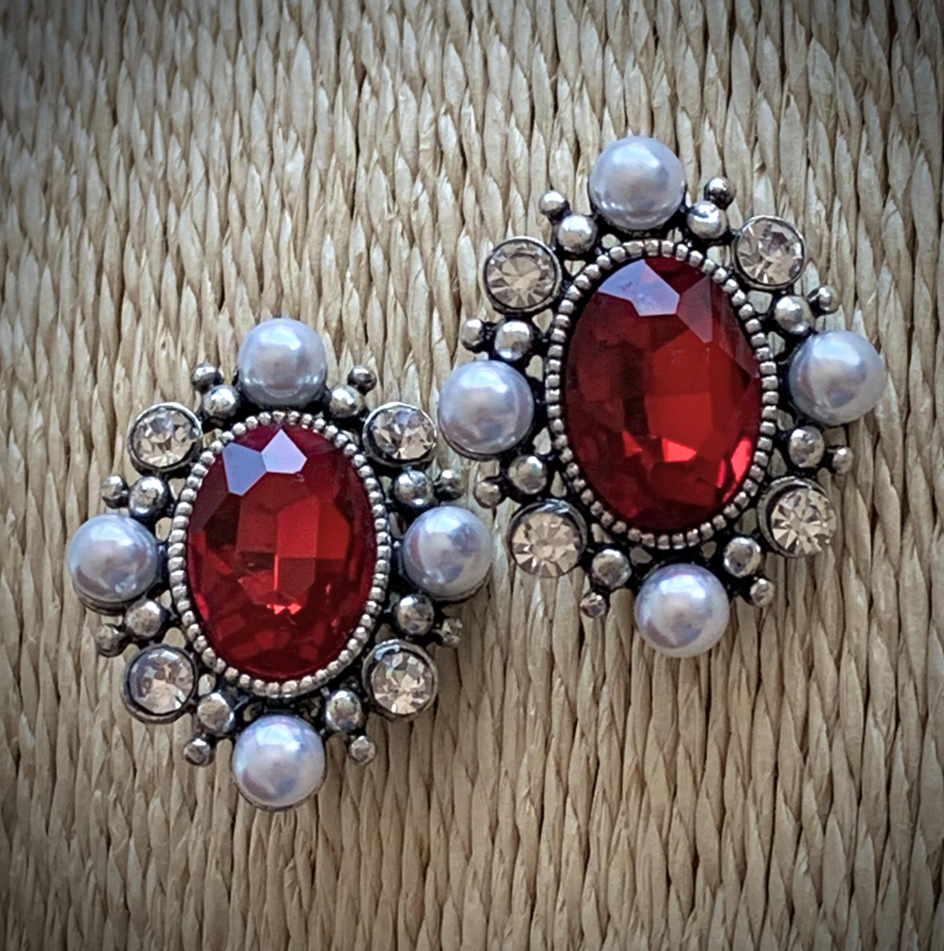 Clip-On White Pearl & Red Rhinestone Earrings RENTAL