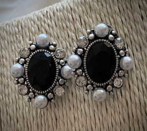 Clip-On White Pearl & Black Rhinestone Earrings RENTAL