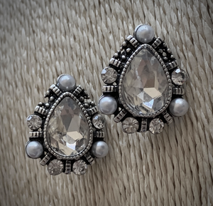 Clip-On White Pearl & White Teardrop Rhinestone Earrings RENTAL