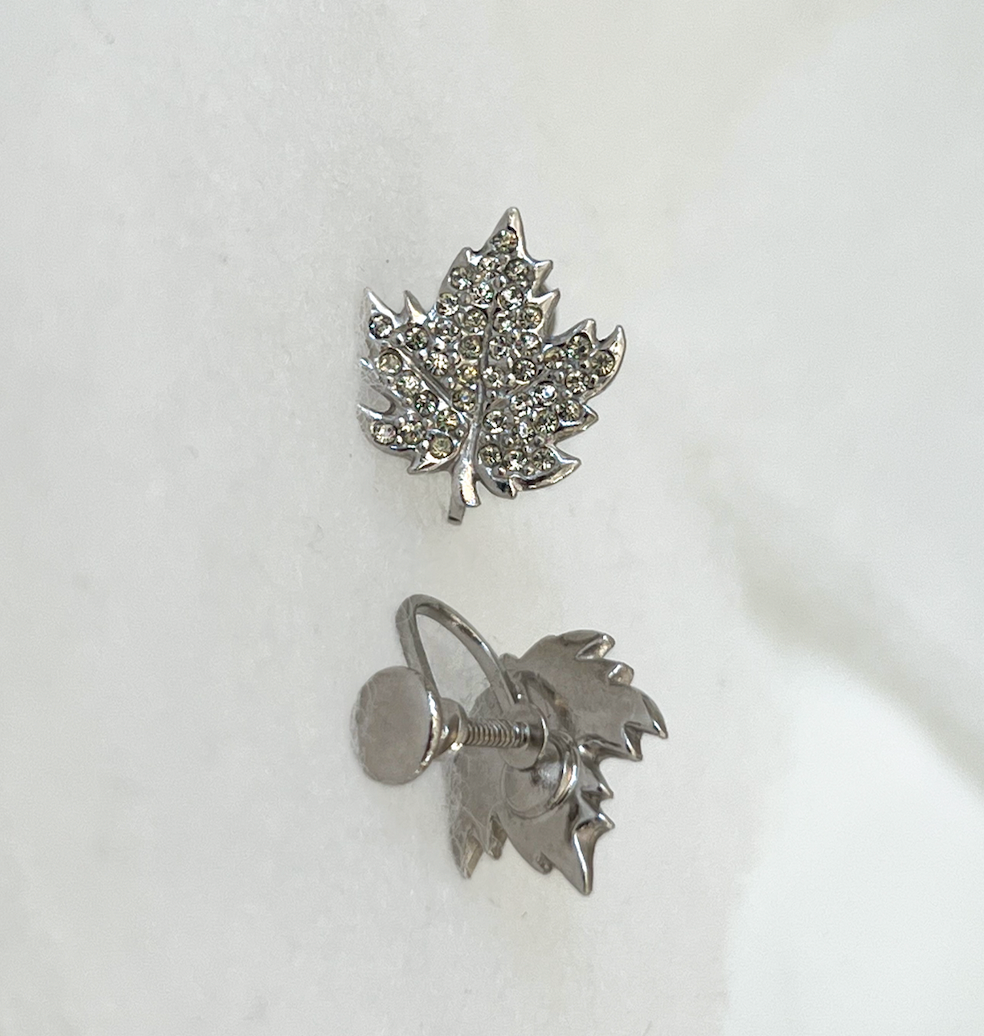 Silver maple leaf pave rhinestone Screw back clip on earrings RENTAL