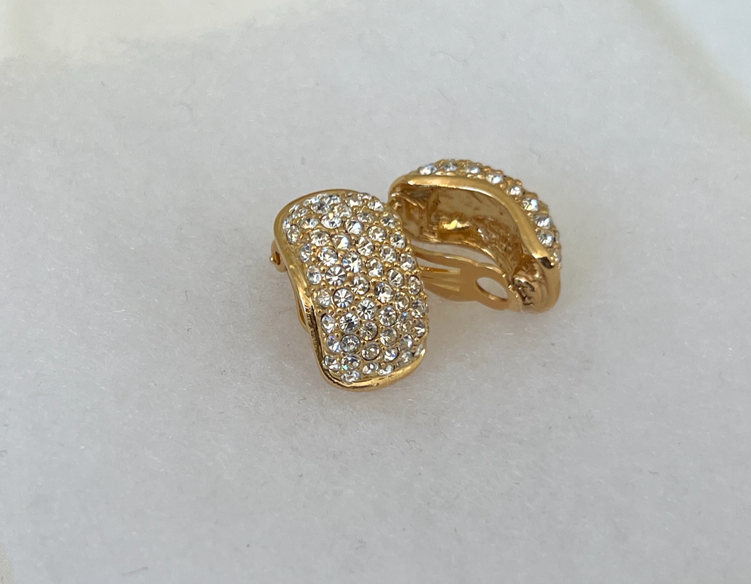 Gold clip on earrings with pave rhinestones RENTAL