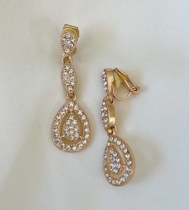 Gold & white rhinestone 3 tier drop clip-on earrings RENTAL