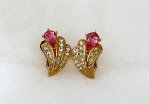 Signed gold w/ pink stone & white rhinestone clipon earrings RENTAL