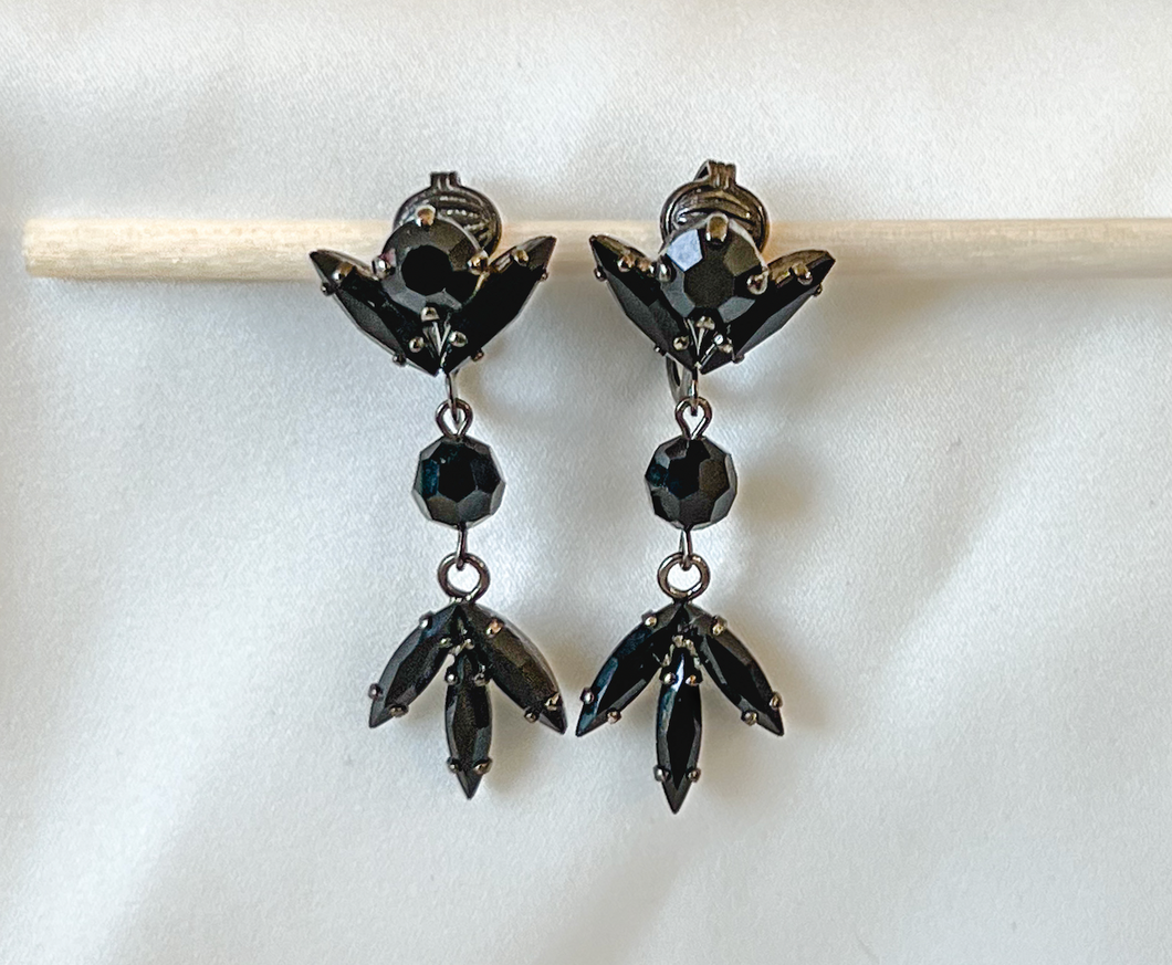 Jet black glass rhinestone clip on drop earrings RENTAL