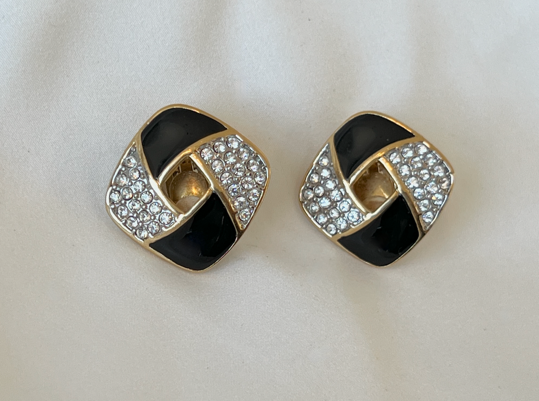 Navy white rhinestones on gold square swirl clip on earrings RENTAL