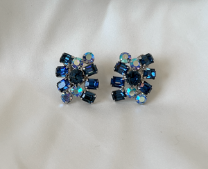 Large stunning navy & light blue iridescent rhinestones Silv clip on earrings RENTAL