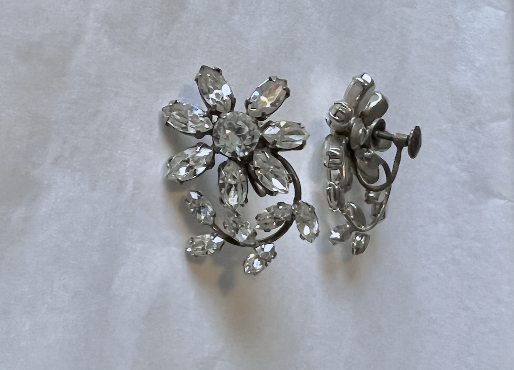 Signed sterling rhinestone flower with stem Screw back clip on earrings RENTAL