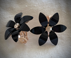 Clip-On 1940's Inspired Black Glass Flower Black Earrings RENTAL