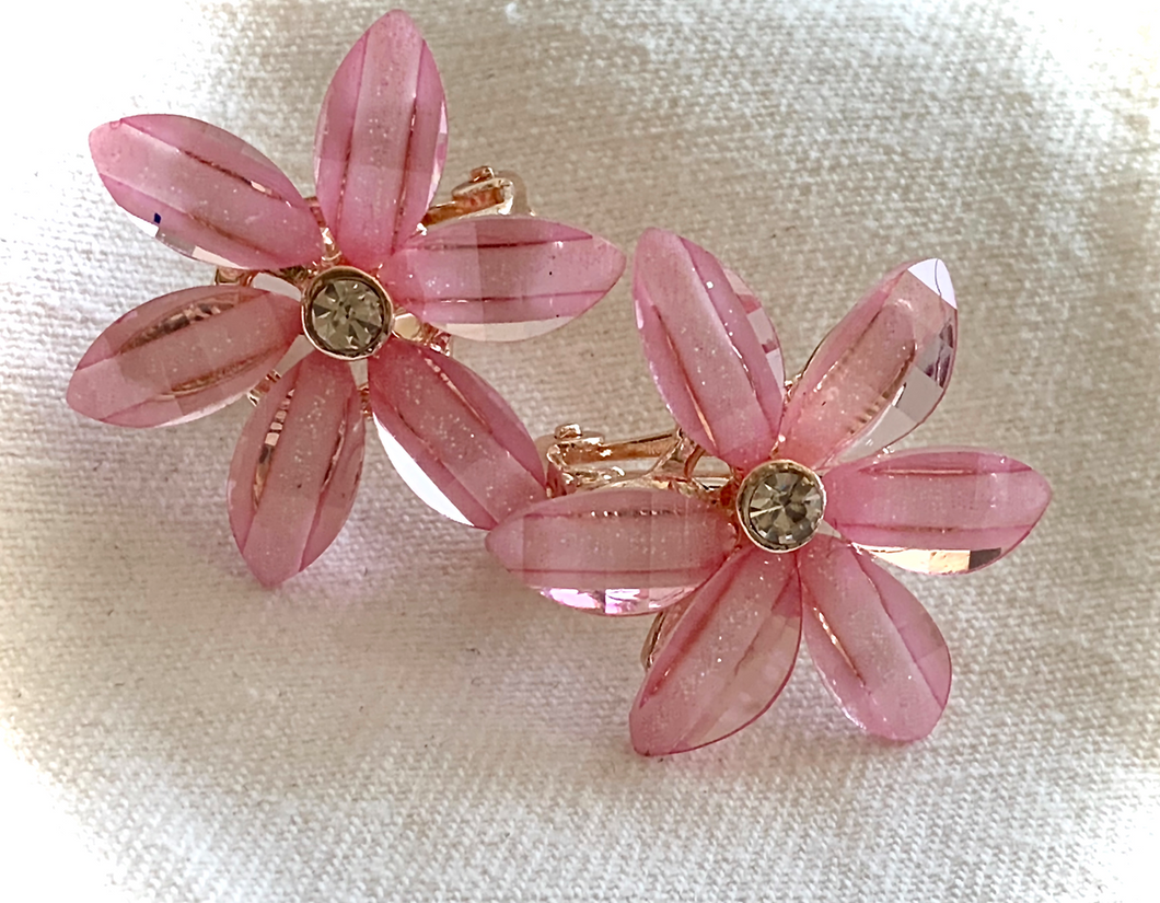 Clip-On1940's Inspired Pink Glass Flower Black Earrings RENTAL