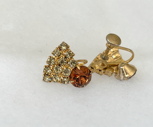 Gold screwback earrings white rhinestones & toffee stone clip-on RENTAL